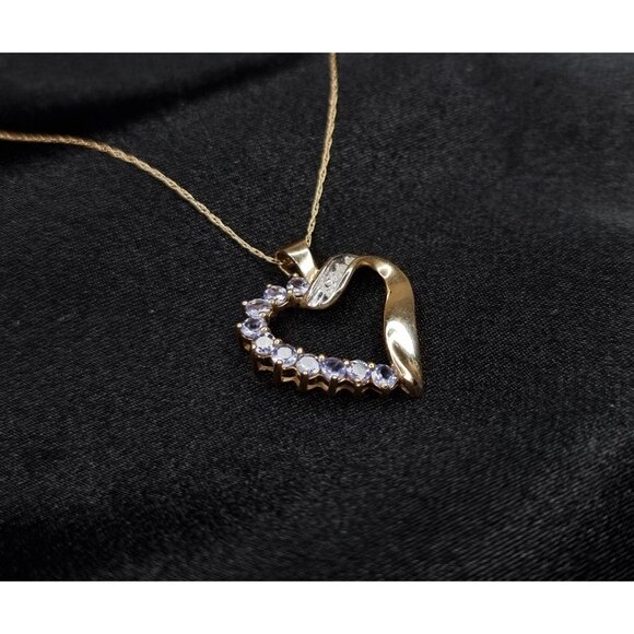 Vintage Early 2000s 10K Gold Tanzanite & Diamond Heart Pendant Necklace - Picture 3 of 6